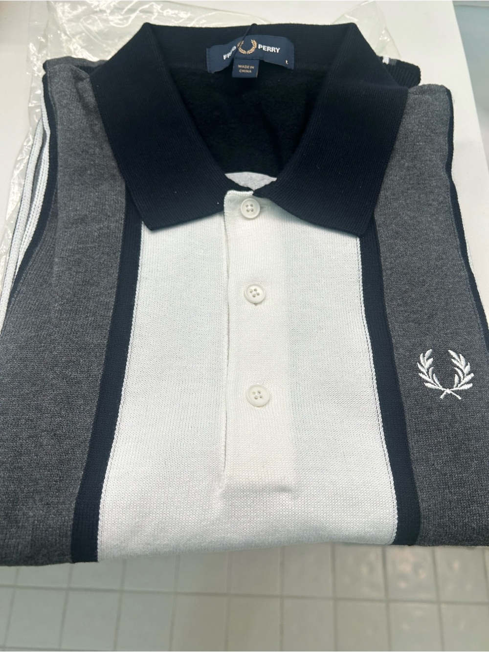 Fred Perry Grey, White & Black Vertical-Stripe Button Polo